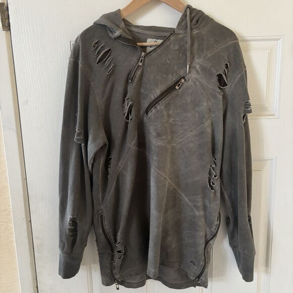 Men Thrashed Quarter Zip Pullover Hoodie Gray Size XL Grunge Punk Distressed 90s - Picture 2 of 14
